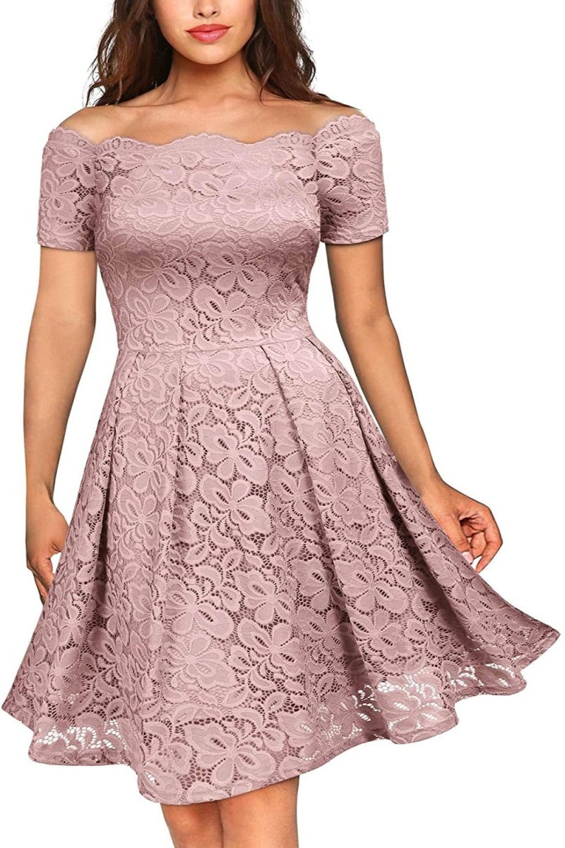 Floral Lace Short Sleeve Boat Neck Swing Dress - Deb Shops