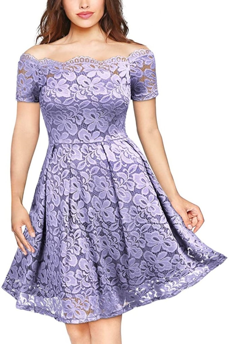 Floral Lace Short Sleeve Boat Neck Swing Dress - Deb Shops