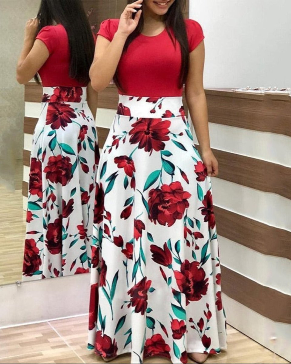 Floral Vintage O Neck Short Sleeve Long Dress - Deb Shops