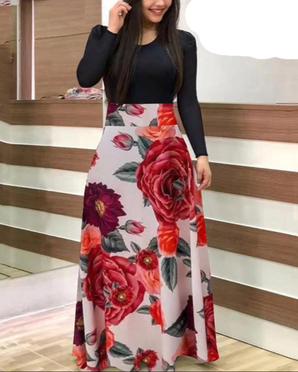 Floral Vintage O Neck Short Sleeve Long Dress - Deb Shops