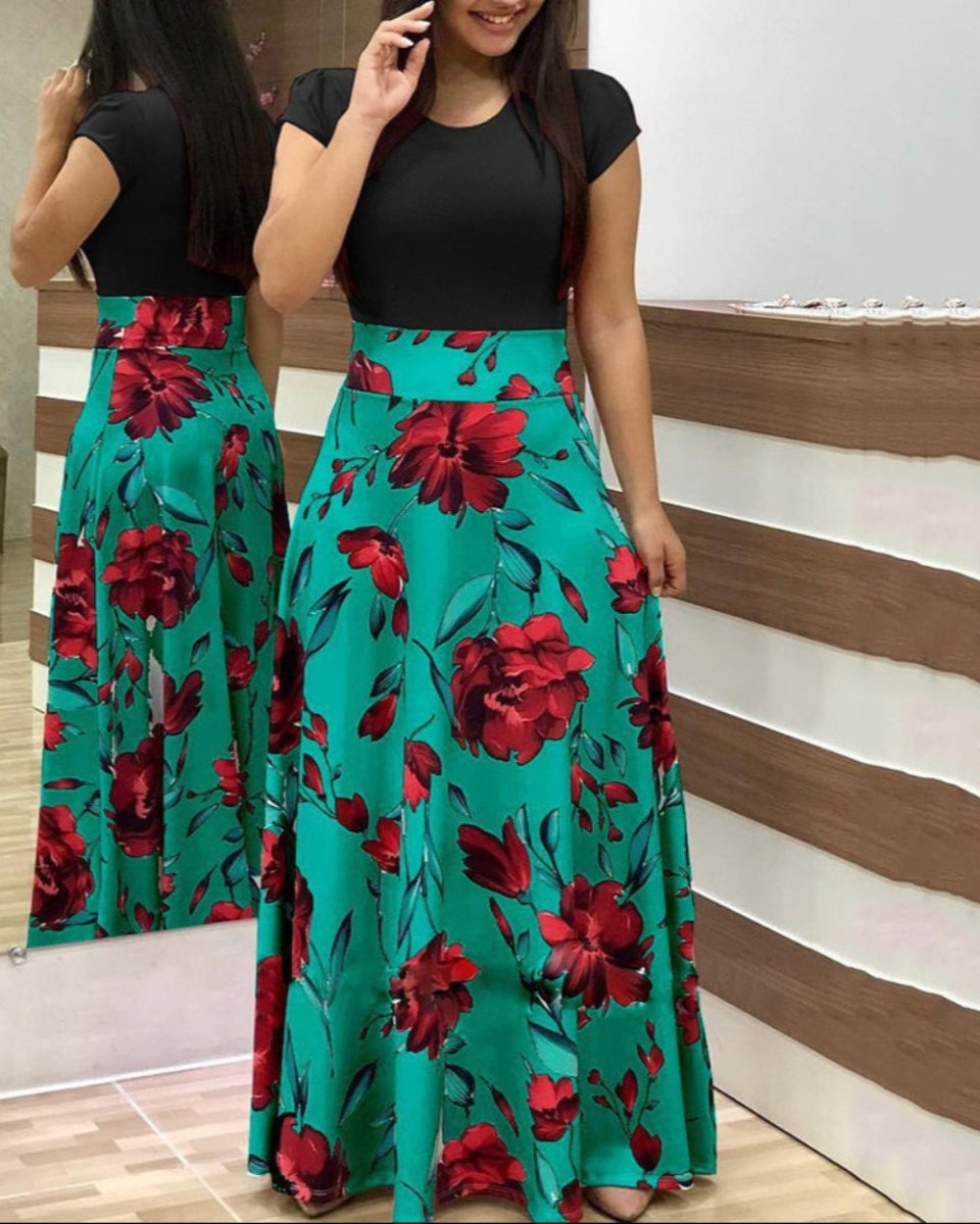 Floral Vintage O Neck Short Sleeve Long Dress - Deb Shops