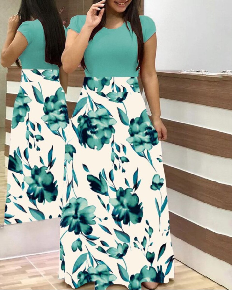 Floral Vintage O Neck Short Sleeve Long Dress - Deb Shops