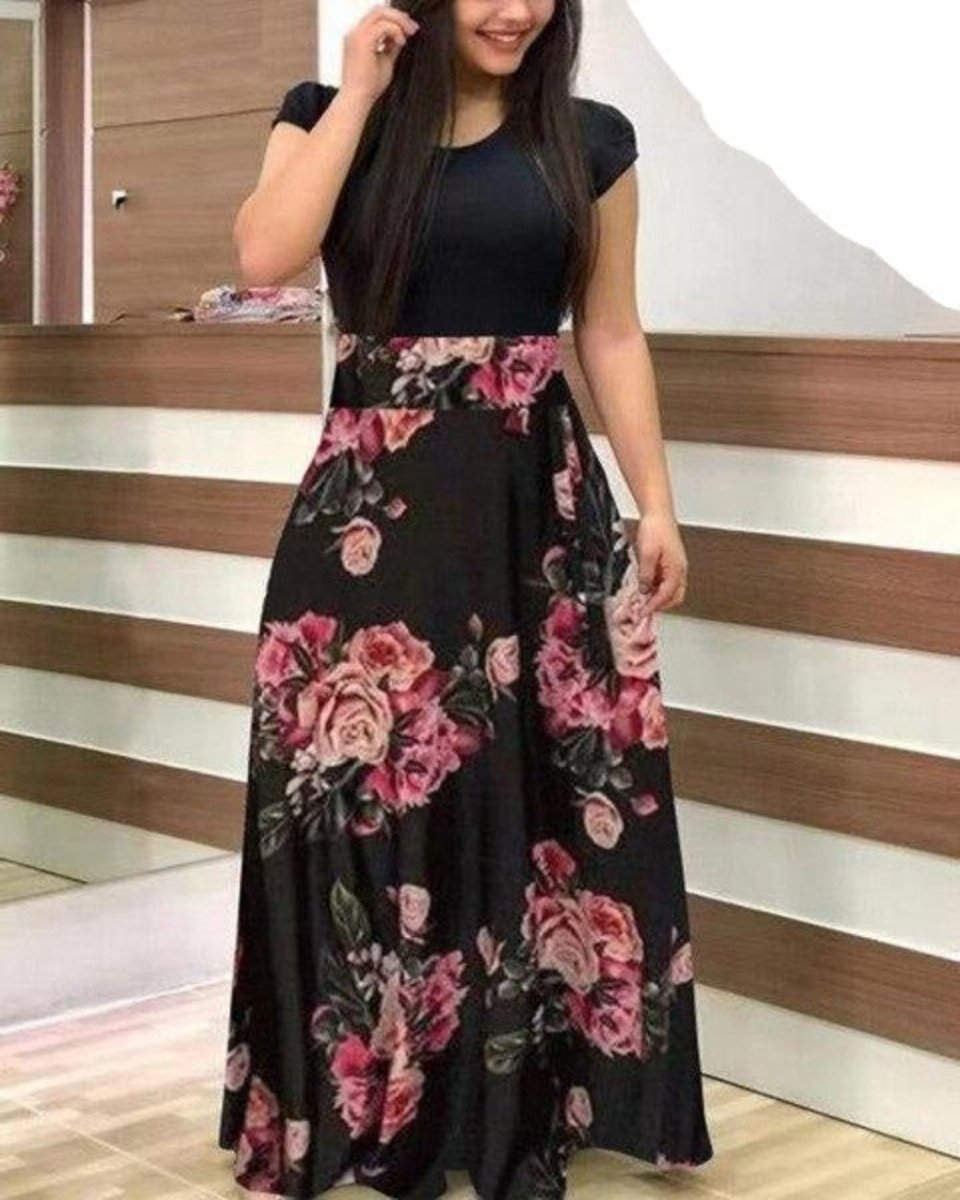 Floral Vintage O Neck Short Sleeve Long Dress - Deb Shops