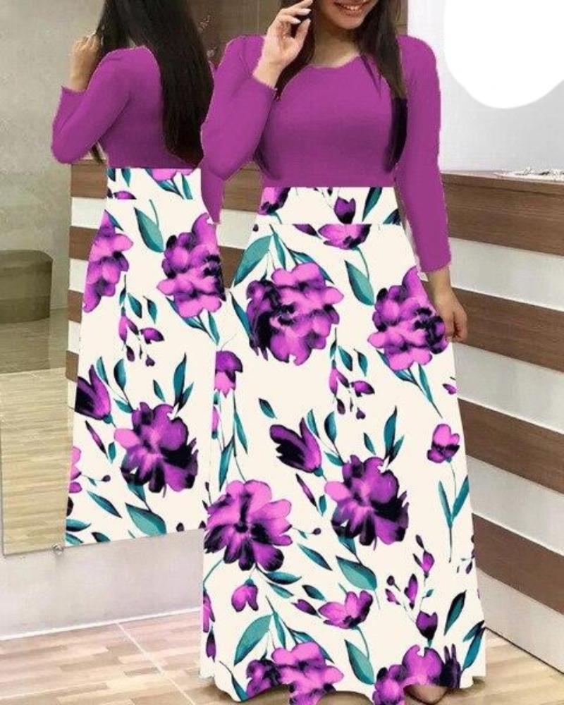 Floral Vintage O Neck Short Sleeve Long Dress - Deb Shops