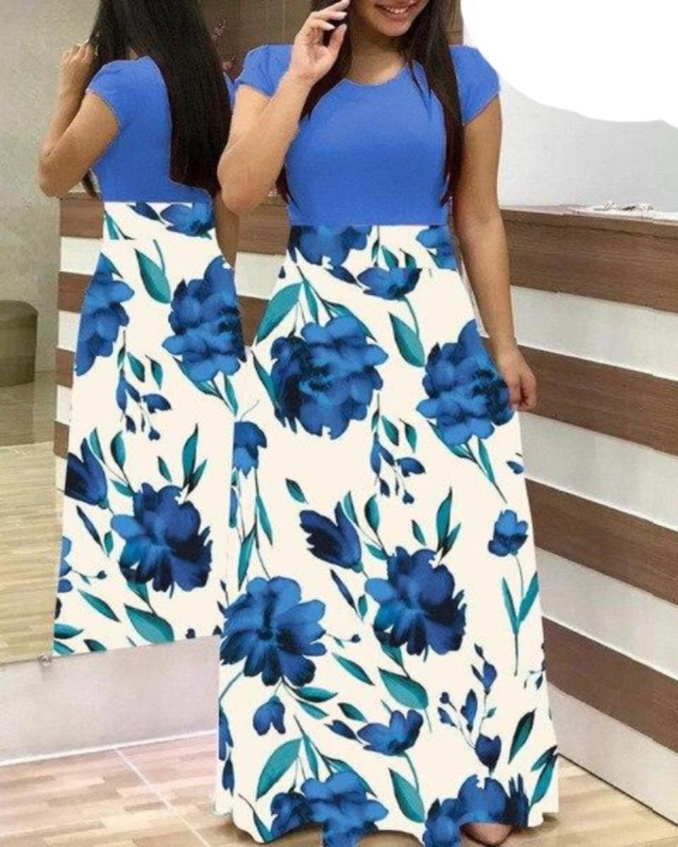 Floral Vintage O Neck Short Sleeve Long Dress - Deb Shops