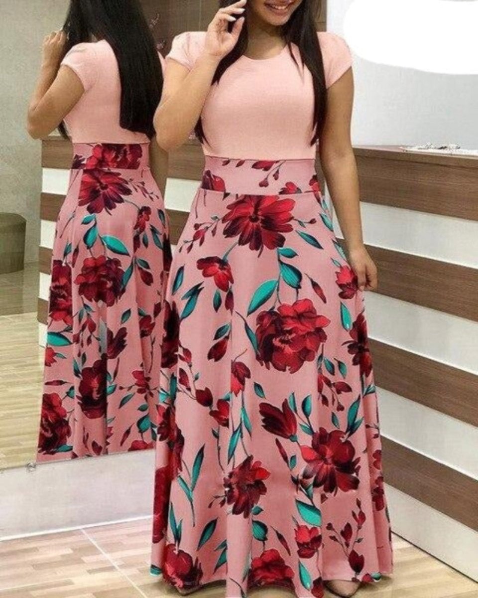 Floral Vintage O Neck Short Sleeve Long Dress - Deb Shops