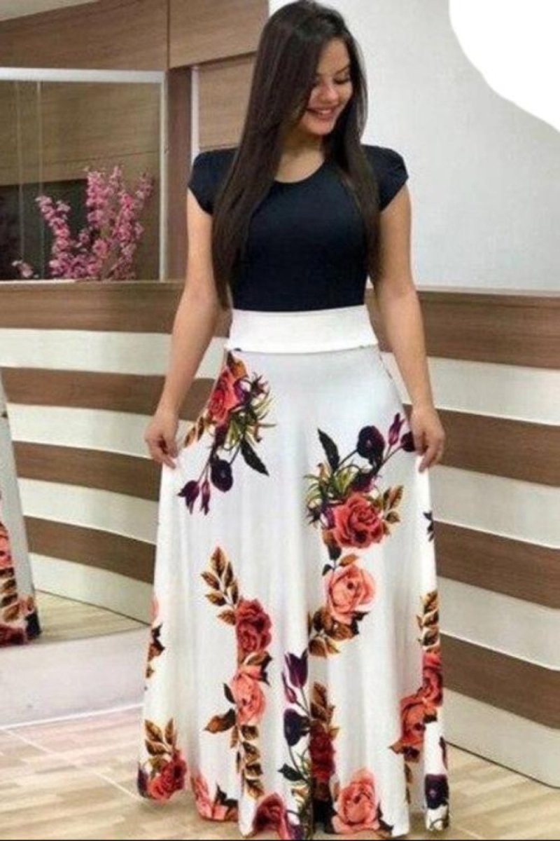 Floral Vintage O Neck Short Sleeve Long Dress - Deb Shops