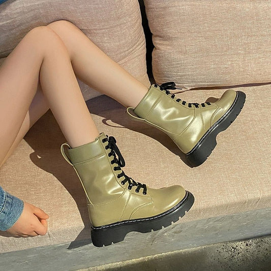 Genuine Leather Platform British Style Motorcycle Boots - Deb Shops
