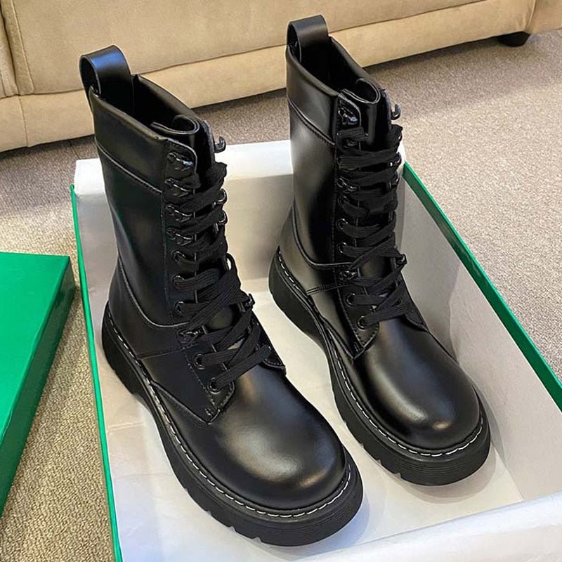 Genuine Leather Platform British Style Motorcycle Boots - Deb Shops