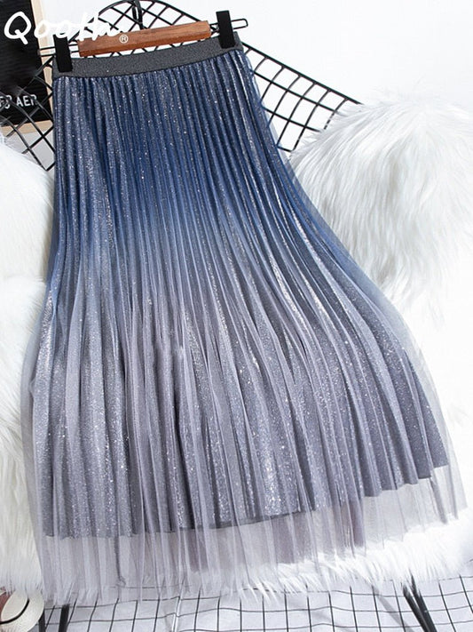 Gradient Mesh Pleated High Waist Sequins A-line Midi Skirt - Deb Shops