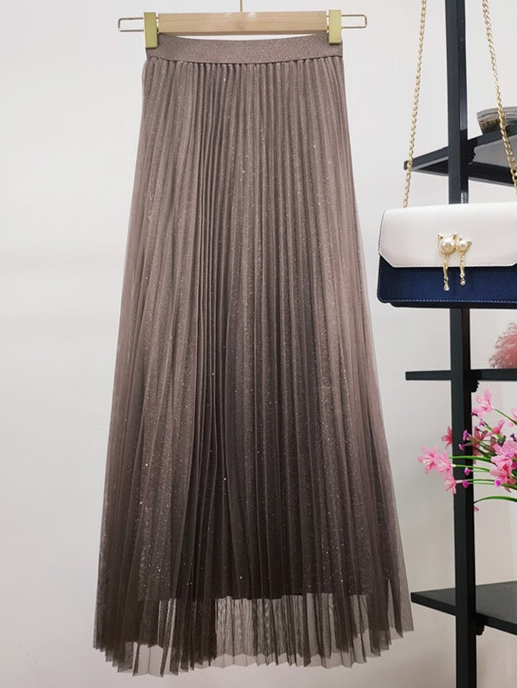 Gradient Mesh Pleated High Waist Sequins A-line Midi Skirt - Deb Shops