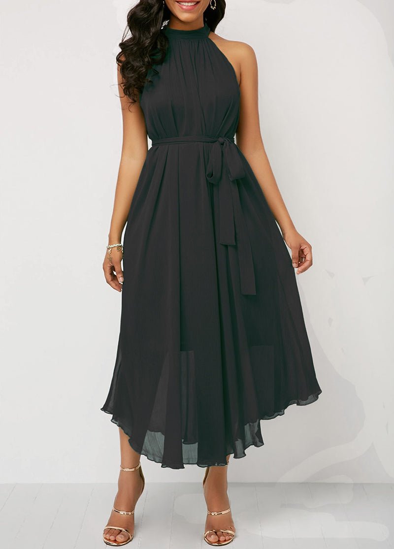 Halter Neck Strapless Chiffon Pleated Loose Off Shoulder Midi Dress - Deb Shops