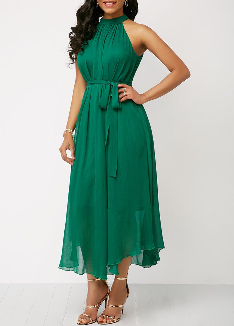 Halter Neck Strapless Chiffon Pleated Loose Off Shoulder Midi Dress - Deb Shops