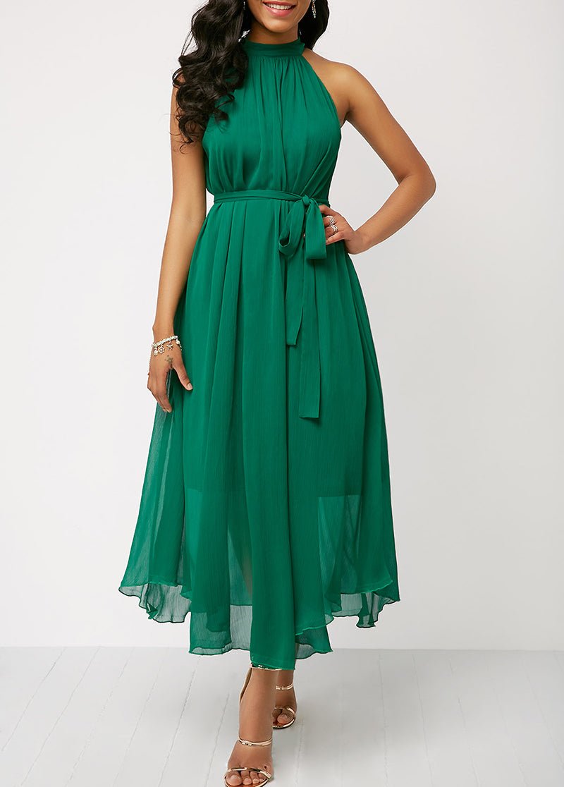 Halter Neck Strapless Chiffon Pleated Loose Off Shoulder Midi Dress - Deb Shops