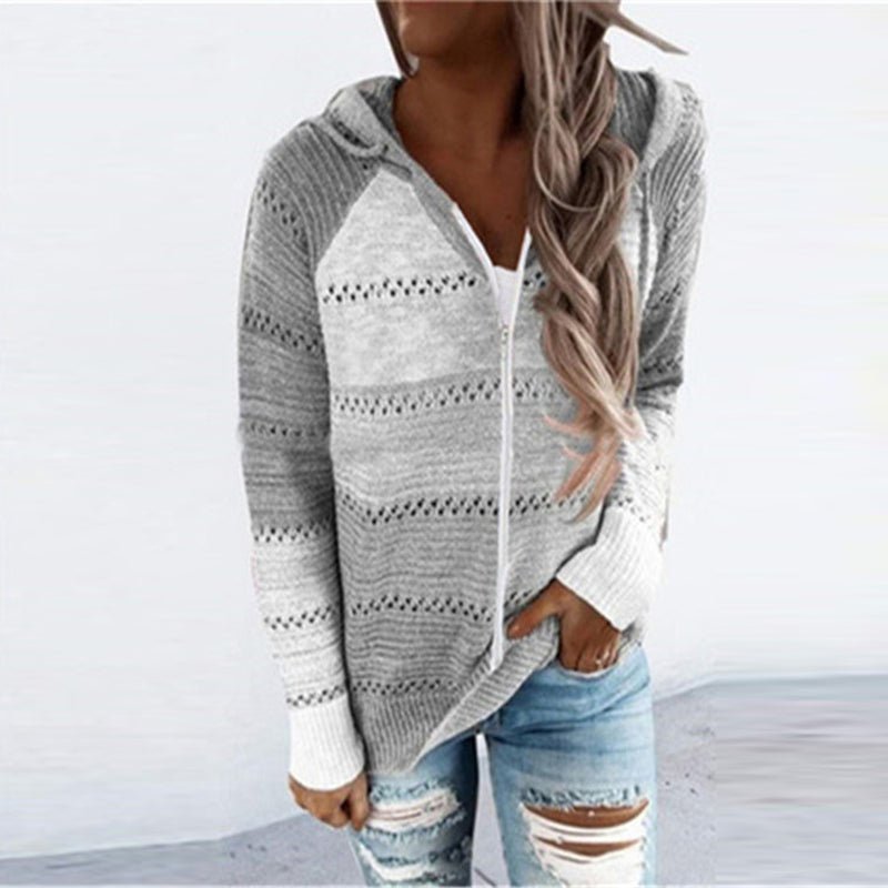 Hooded Patchwork Zipper Thin Soft Loose Knitted Sweater - Deb Shops