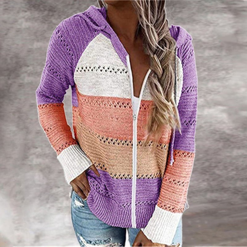 Hooded Patchwork Zipper Thin Soft Loose Knitted Sweater - Deb Shops