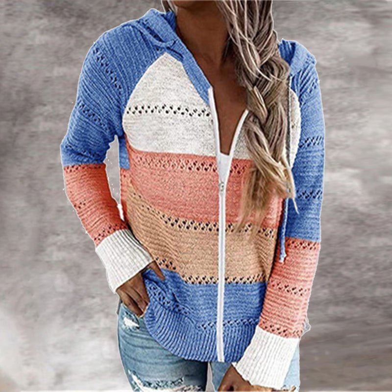 Hooded Patchwork Zipper Thin Soft Loose Knitted Sweater - Deb Shops
