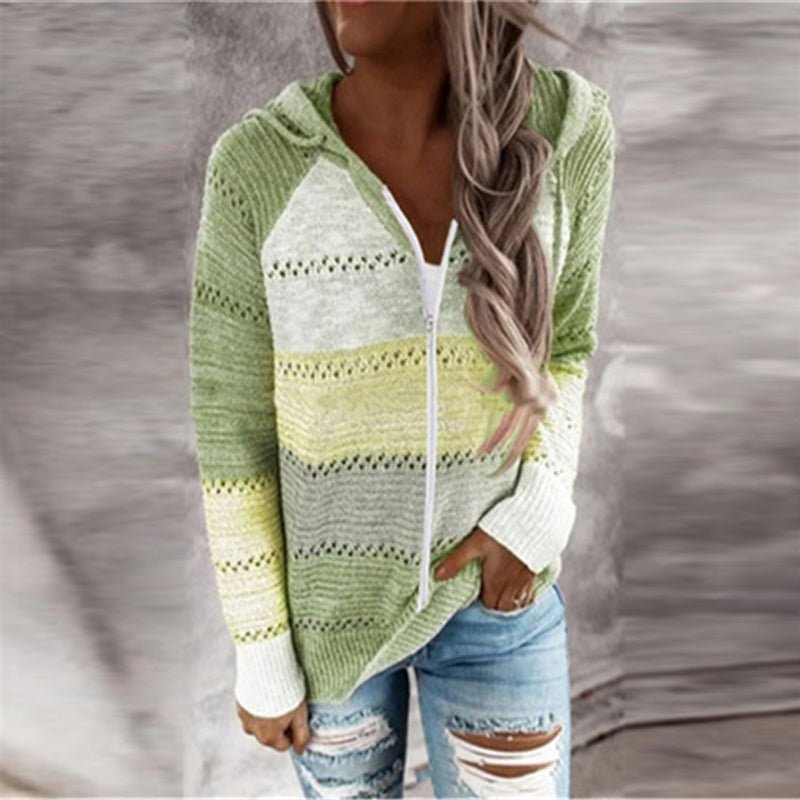 Hooded Patchwork Zipper Thin Soft Loose Knitted Sweater - Deb Shops