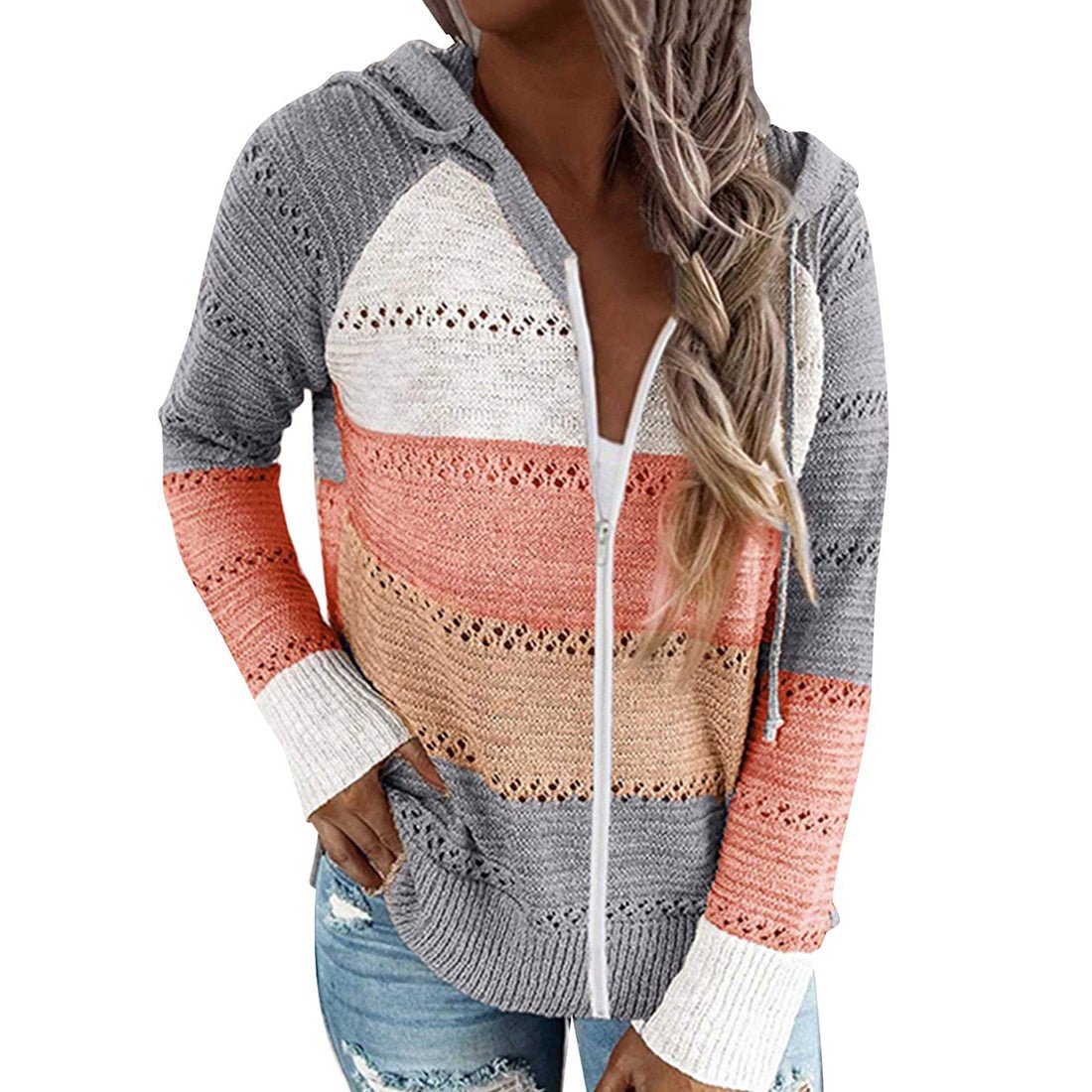 Hooded Patchwork Zipper Thin Soft Loose Knitted Sweater - Deb Shops