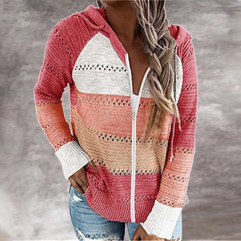 Hooded Patchwork Zipper Thin Soft Loose Knitted Sweater - Deb Shops