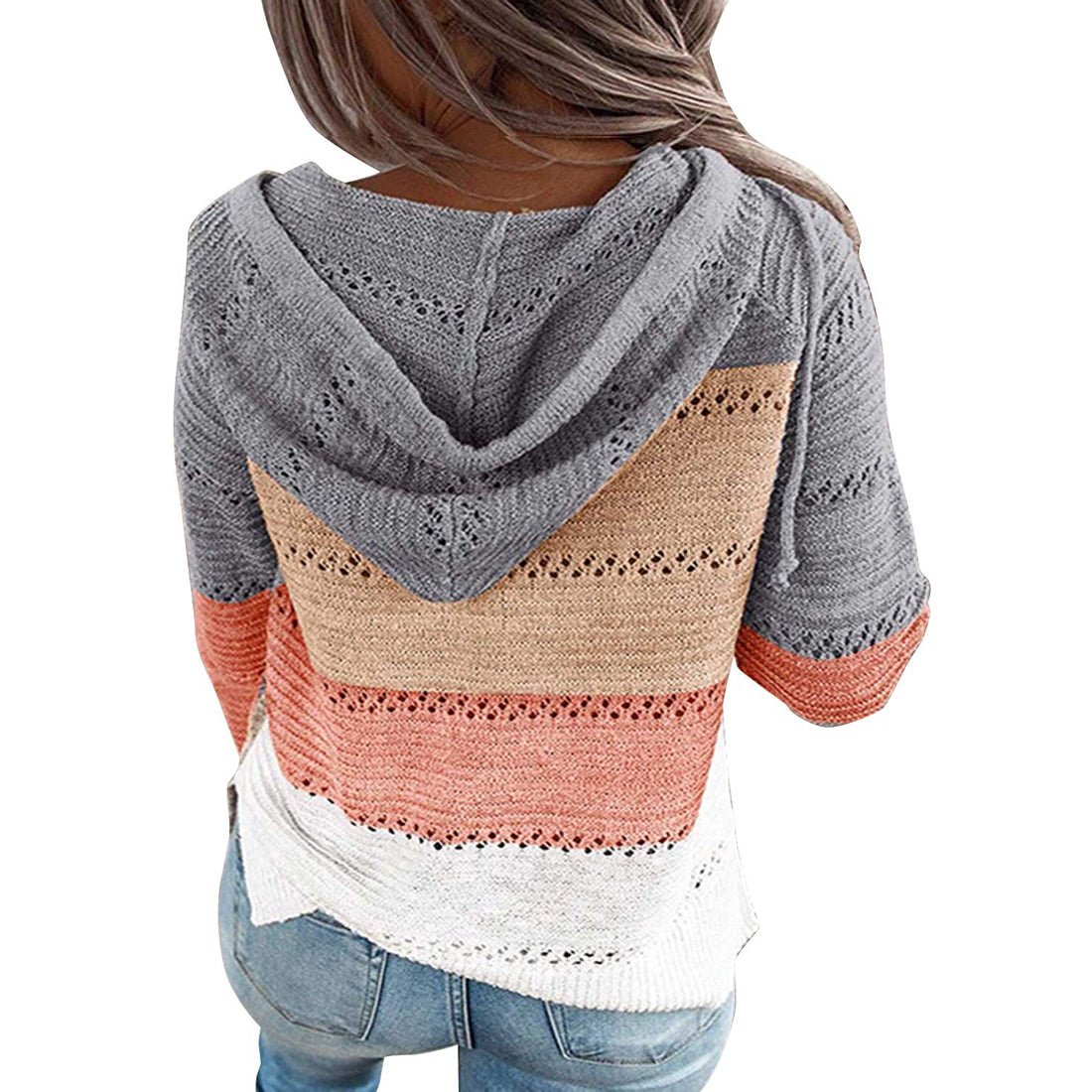 Hooded Patchwork Zipper Thin Soft Loose Knitted Sweater - Deb Shops
