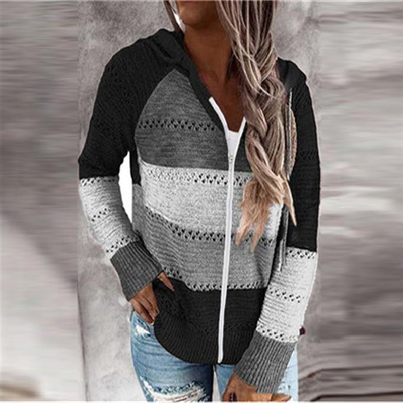 Hooded Patchwork Zipper Thin Soft Loose Knitted Sweater - Deb Shops