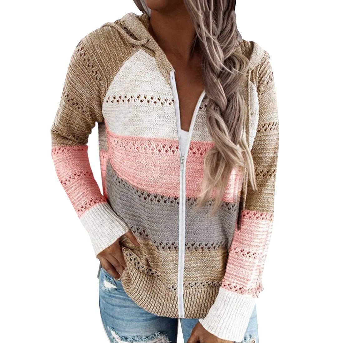 Hooded Patchwork Zipper Thin Soft Loose Knitted Sweater - Deb Shops