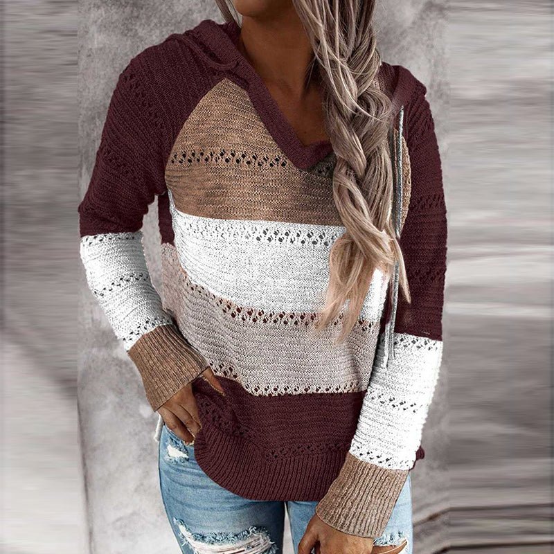 Hooded Patchwork Zipper Thin Soft Loose Knitted Sweater - Deb Shops