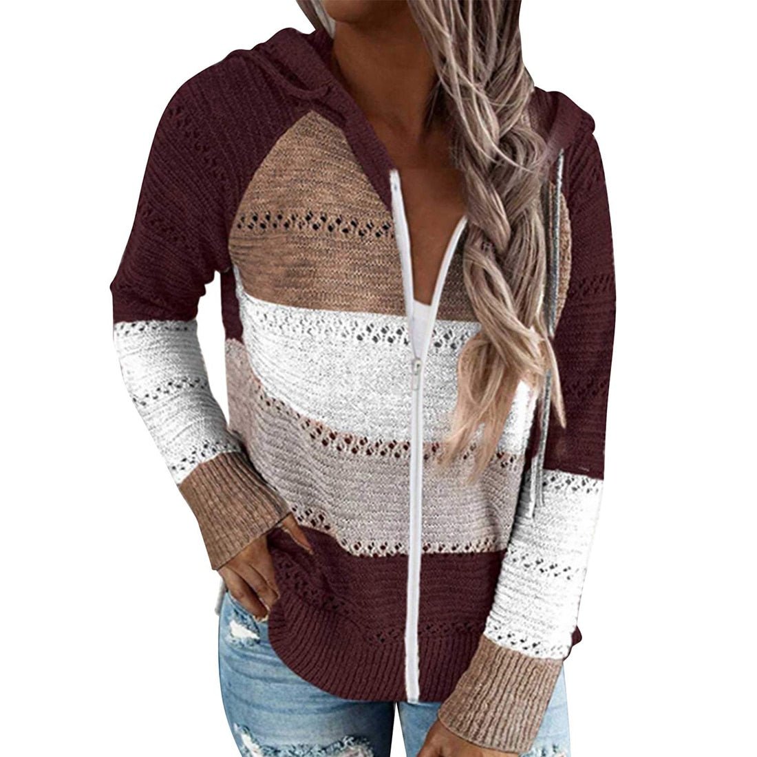 Hooded Patchwork Zipper Thin Soft Loose Knitted Sweater - Deb Shops
