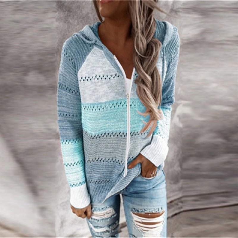Hooded Patchwork Zipper Thin Soft Loose Knitted Sweater - Deb Shops