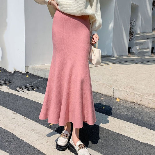 Empire Waistline Knitted Long High Waist Skirt - Deb Shops