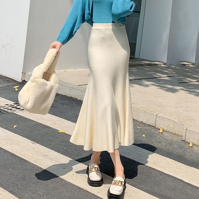 Empire Waistline Knitted Long High Waist Skirt - Deb Shops