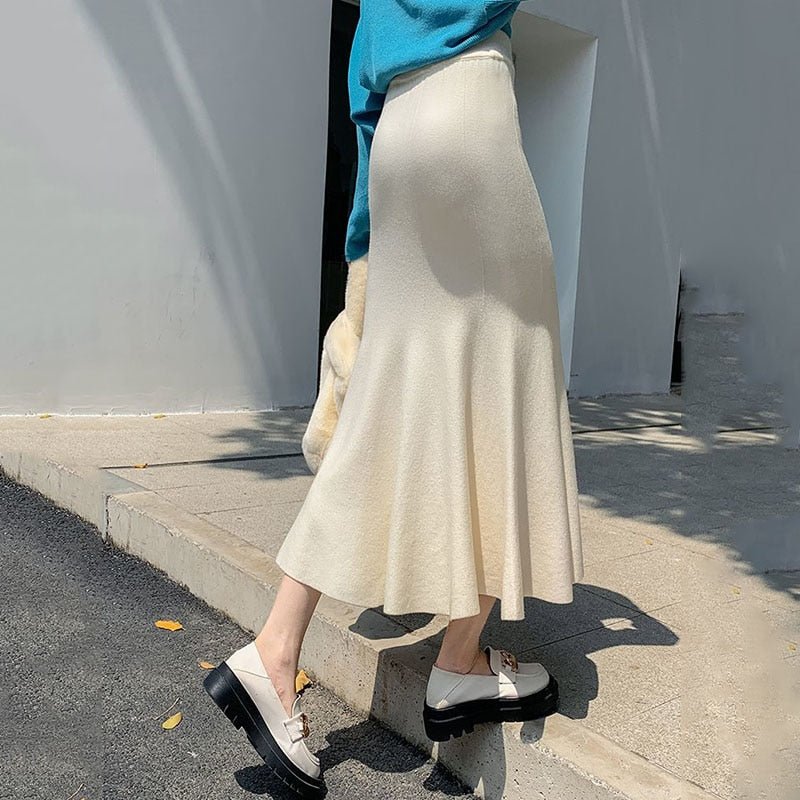 Empire Waistline Knitted Long High Waist Skirt - Deb Shops