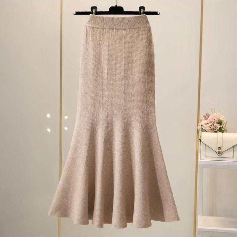 Empire Waistline Knitted Long High Waist Skirt - Deb Shops