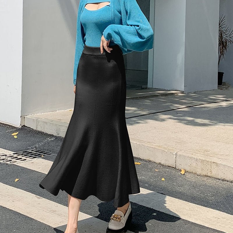 Empire Waistline Knitted Long High Waist Skirt - Deb Shops