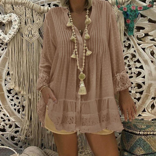 Lace Hollow Out V Neck Long Sleeve Loose Tunic - Deb Shops