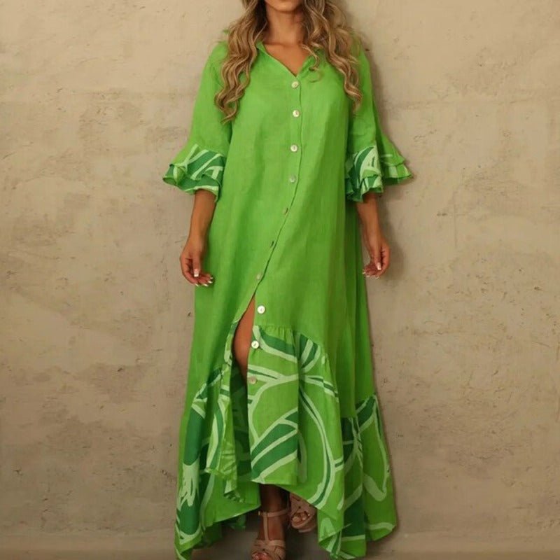 Lantern Sleeve Lapel Neck Boho Printing Dress - Deb Shops