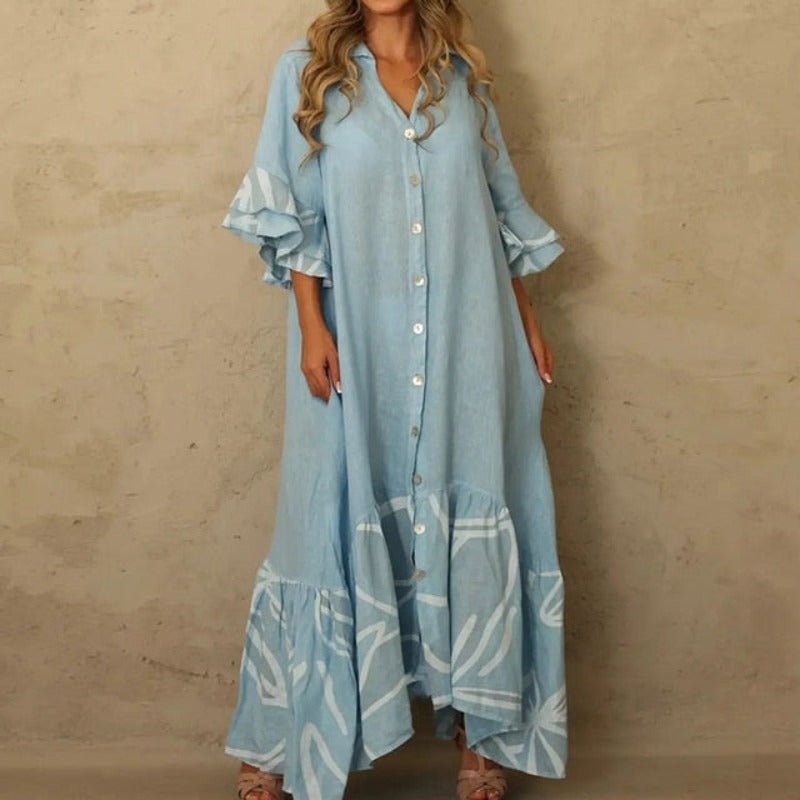 Lantern Sleeve Lapel Neck Boho Printing Dress - Deb Shops