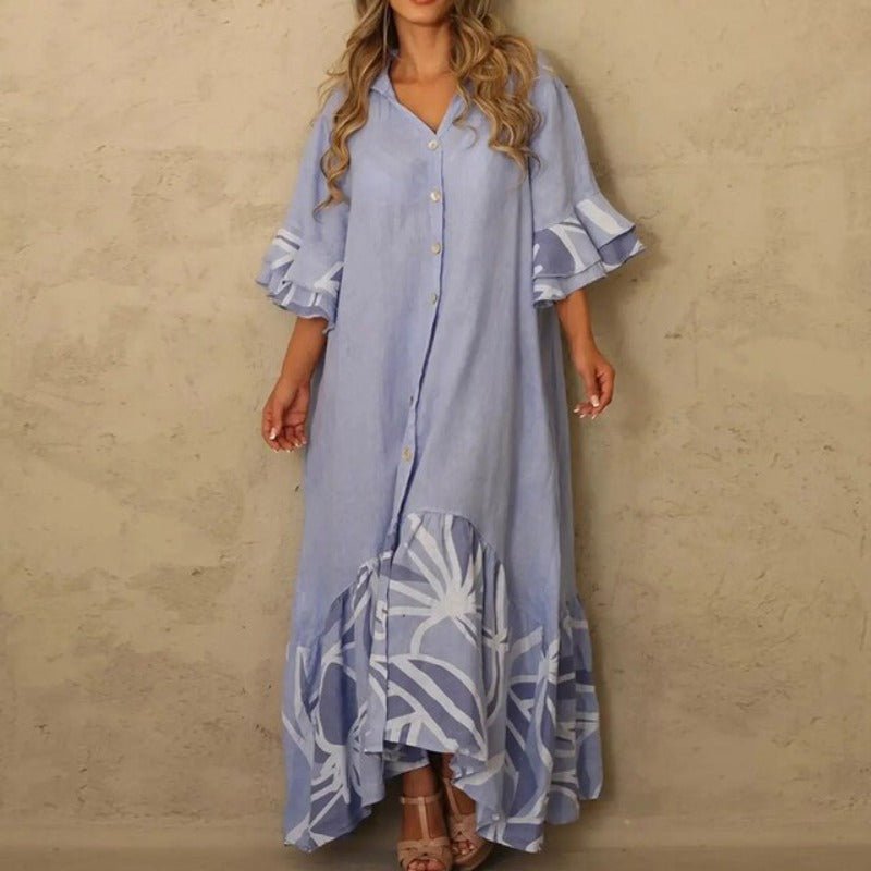 Lantern Sleeve Lapel Neck Boho Printing Dress - Deb Shops