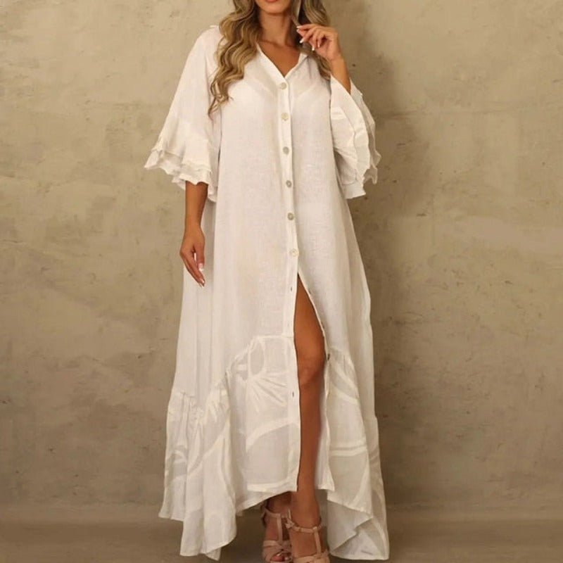 Lantern Sleeve Lapel Neck Boho Printing Dress - Deb Shops