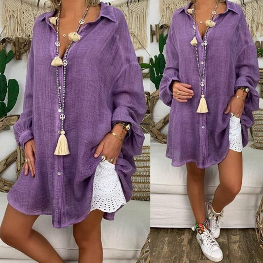 Linen Long Sleeve Turn Down Collar Tunic Thin Blouse - Deb Shops