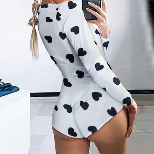 Long Sleeve V Neck Love Pattern Print Pajama Romper - Deb Shops