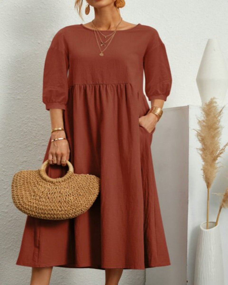 Middle Sleeve O - neck Solid Elegant Cotton Loose Long Dress - Deb Shops