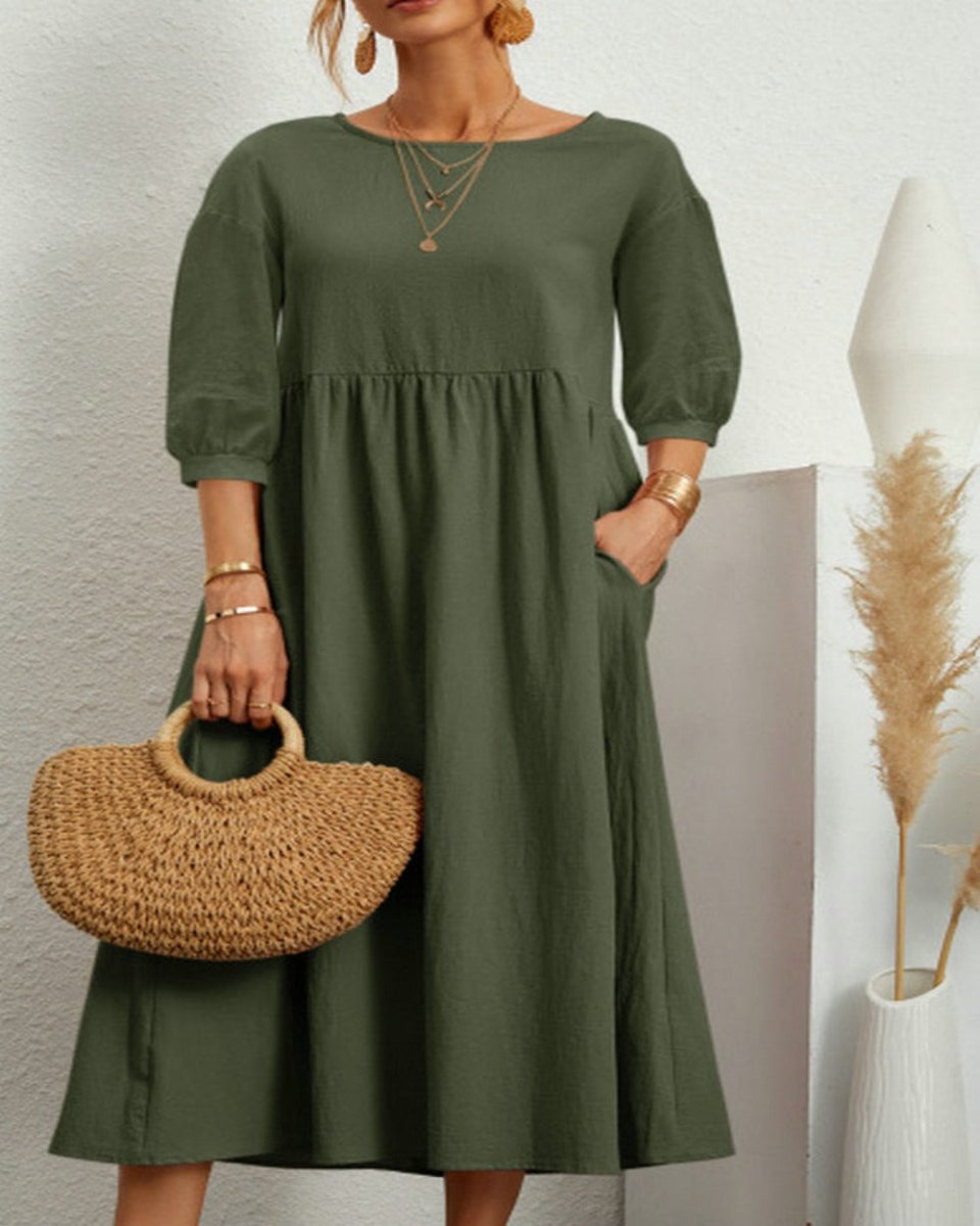 Middle Sleeve O - neck Solid Elegant Cotton Loose Long Dress - Deb Shops