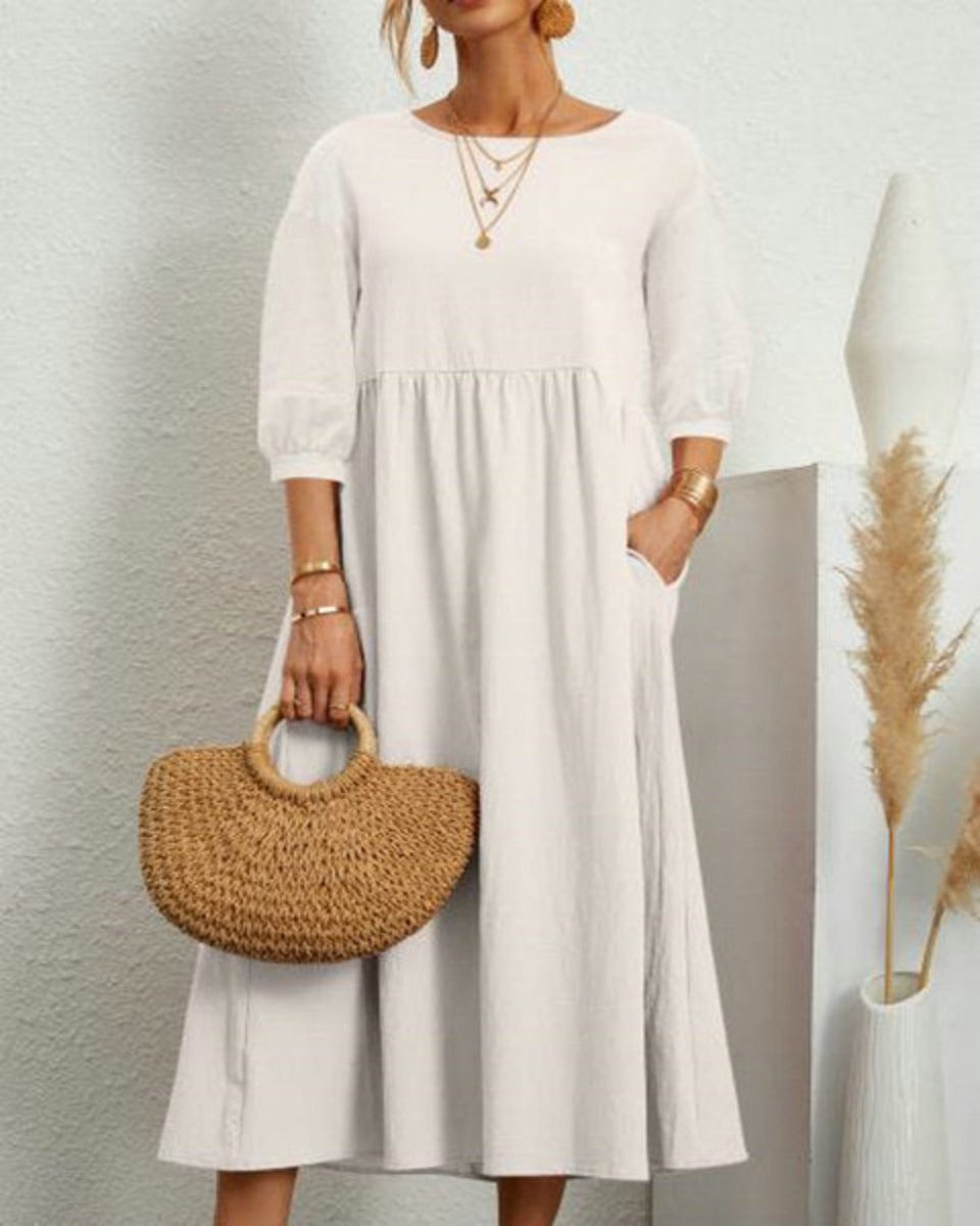 Middle Sleeve O - neck Solid Elegant Cotton Loose Long Dress - Deb Shops