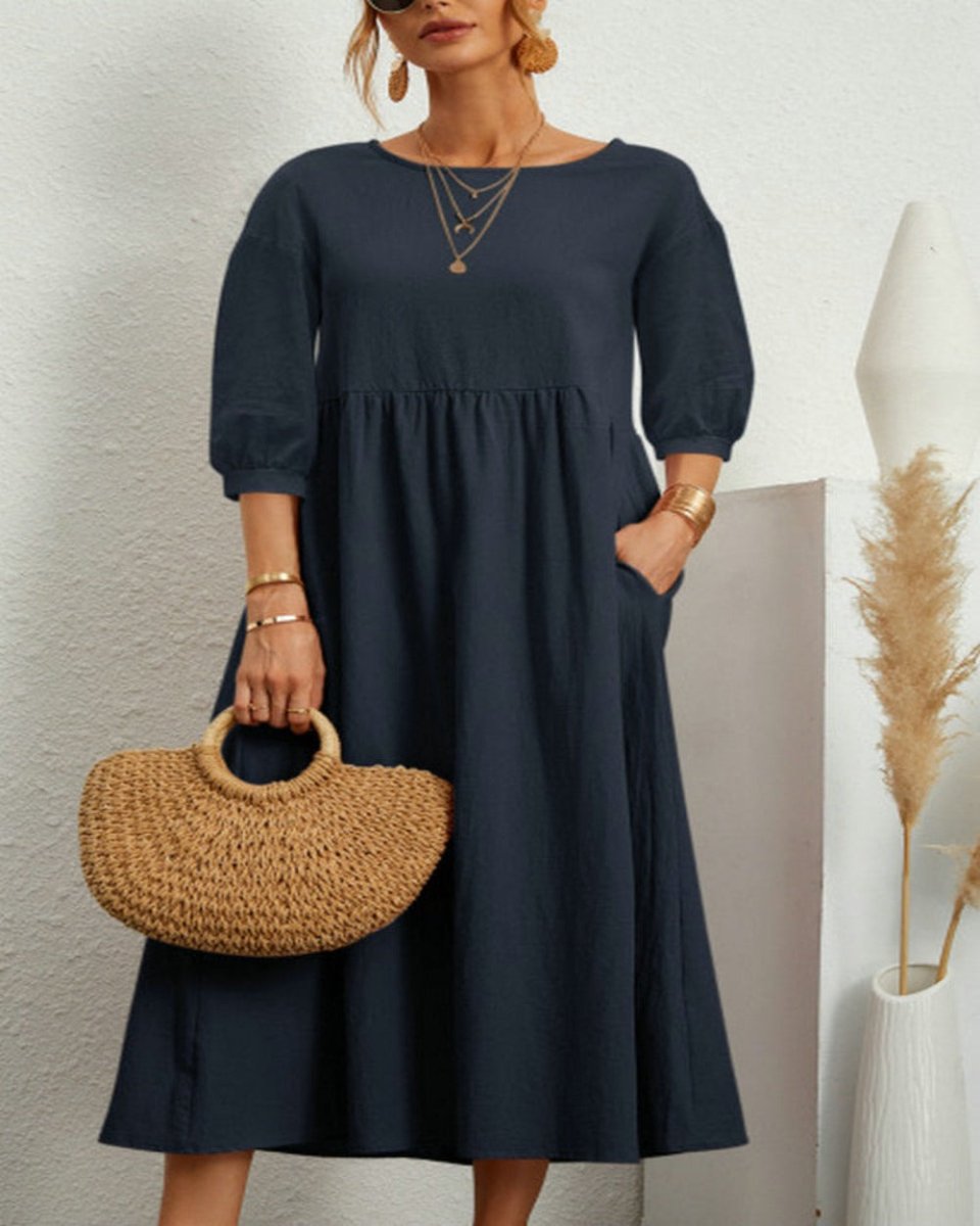 Middle Sleeve O - neck Solid Elegant Cotton Loose Long Dress - Deb Shops