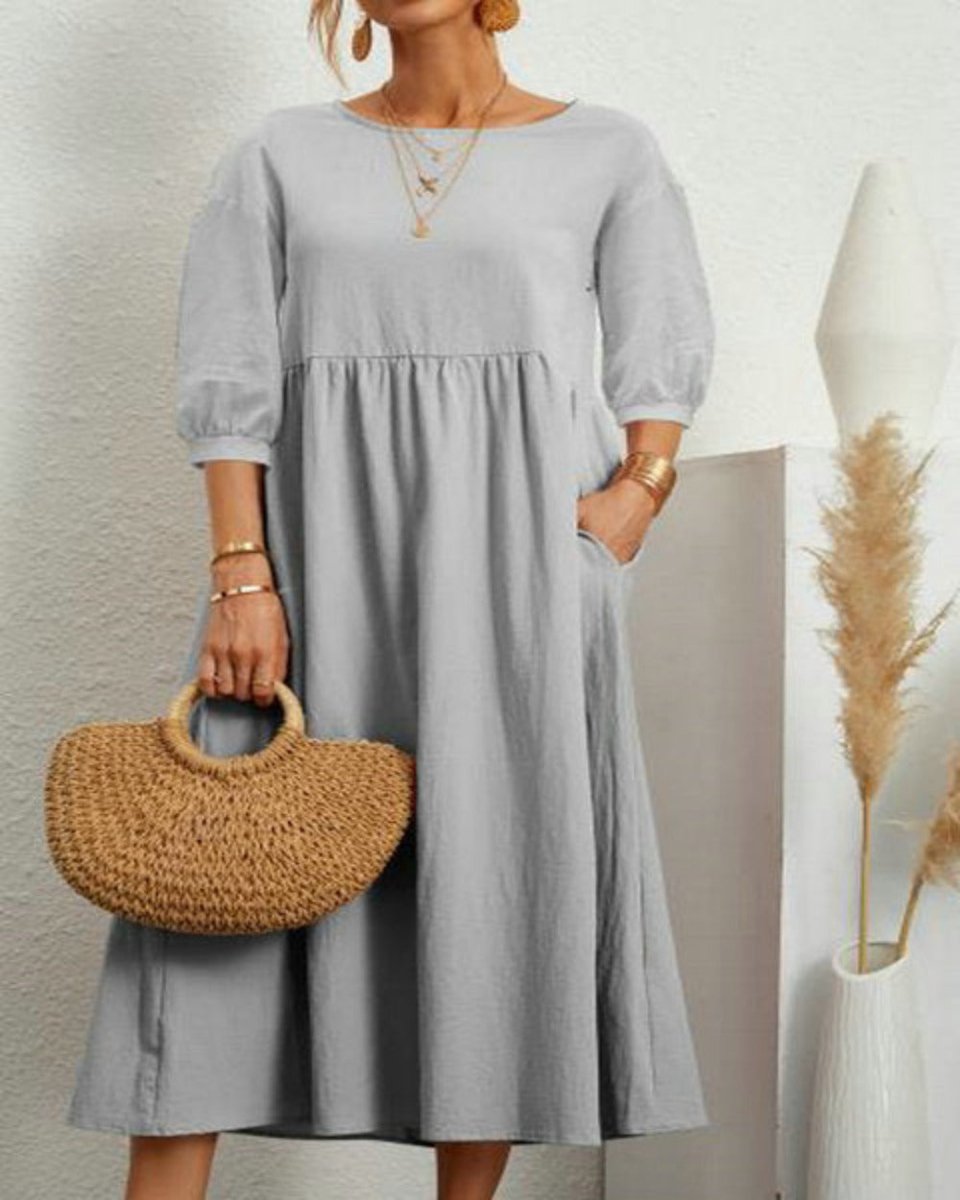Middle Sleeve O - neck Solid Elegant Cotton Loose Long Dress - Deb Shops
