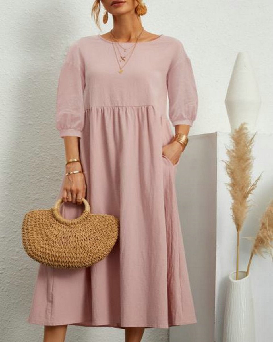 Middle Sleeve O - neck Solid Elegant Cotton Loose Long Dress - Deb Shops