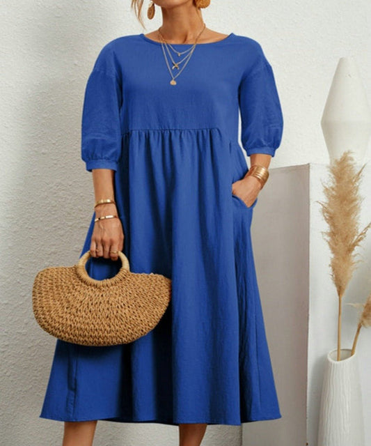 Middle Sleeve O - neck Solid Elegant Cotton Loose Long Dress - Deb Shops