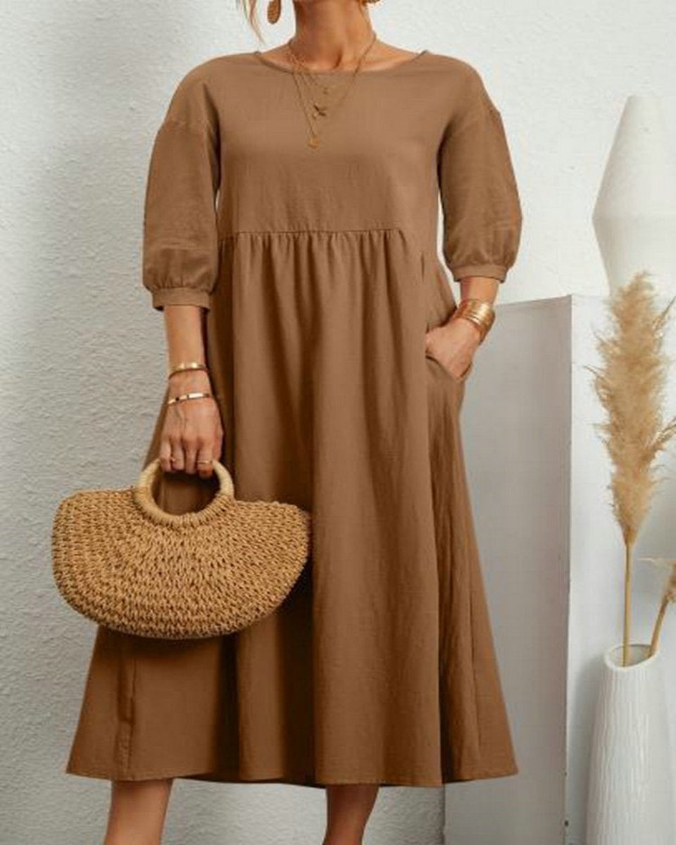 Middle Sleeve O - neck Solid Elegant Cotton Loose Long Dress - Deb Shops
